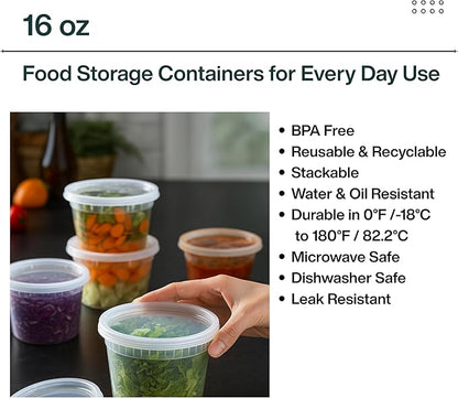 ProTakeOut 16oz [50 set] Heavy Duty Plastic Deli Container | BPA-Free Food Storage with Airtight Leak‑Proof Lids | Microwave, Freezer & Dishwasher Safe – Stackable, Bulk Reusable Soup & Meal Prep Tub