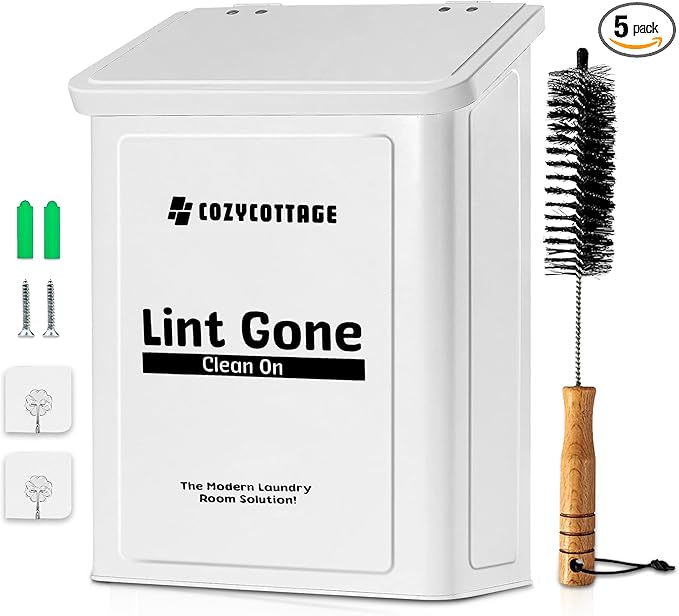 COZYCOTTAGE Magnetic Lint Bin for Laundry Room with Dryer Lint Brush - Slim Wall Mounted Trash Can with Lid - Modern Farmhouse Storage Organizer & Debris Collector - Space-Saving White Metal Holder