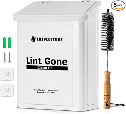 COZYCOTTAGE Magnetic Lint Bin for Laundry Room with Dryer Lint Brush - Slim Wall Mounted Trash Can with Lid - Modern Farmhouse Storage Organizer & Debris Collector - Space-Saving White Metal Holder