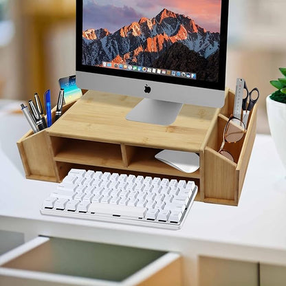 Bamboo Desk Organizer with Drawers, 2 Tier Wooden Desktop Organizer, Original Bamboo Desktop, Monitor Stands，for Office School Home Toiletries Supplies Vanity.
