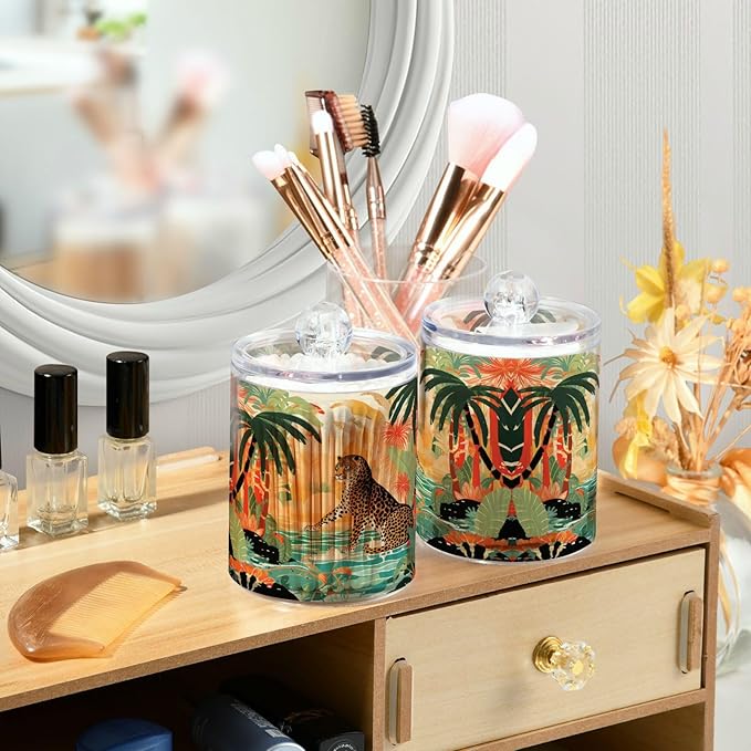 MNSRUU 4 Pack Qtip Holder Organizer Dispenser Cheetah and Forest Pink Bathroom Storage Canister Cotton Ball Holder Bathroom Containers for Cotton Swabs/Pads/Floss