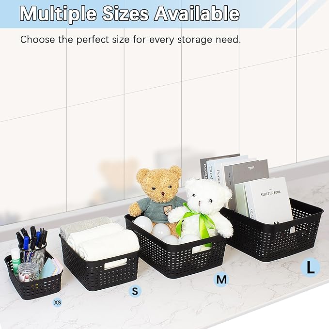 Soddeph Plastic Storage Baskets for Cabinets, Household Pantry Organization with Handle,Organizer Bins for Room,Bathrooms,Under-Sink,Kitchen (Black, S-5PACK)