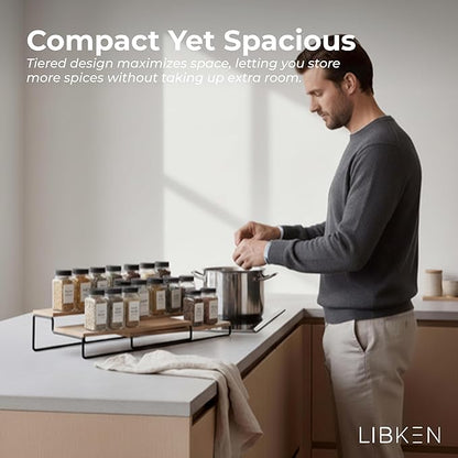 LIBKEN Tiered Spice Rack Organizer – Wood & Metal Countertop & Cabinet Spice Stand, Strong & Sturdy 3-Tier Shelf for Kitchen, Pantry, Seasoning Bottles – Minimal Scandinavian Design - Wood Brown