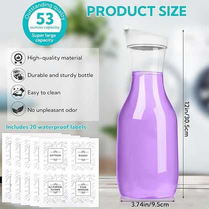 4 Pack Laundry Bottles 53oz Plastic Liquid Detergent Dispenser with 20 Label Laundry Room Organization for Liquid Powder Bleach Scent Booster Beads Soap Fabric Softener