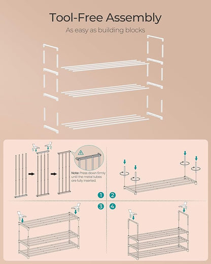 SONGMICS Shoe Rack, 3-Tier Shoe Organizer, Metal Storage Shelf, Upright or Upside Down, for 16-20 Pairs, Stackable, for Entryway, 11.8 x 36.2 x 21.7 Inches, Pearl White ULSA303W03