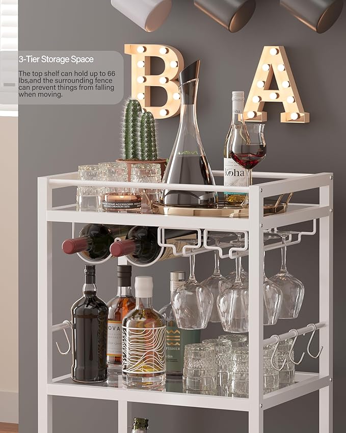 TUTOTAK Bar Cart, Home Bar Serving Cart, Drink Cart with 3-Tier Mirrored Shelf, Mobile Kitchen Shelf with Wine Rack, BC01BW033
