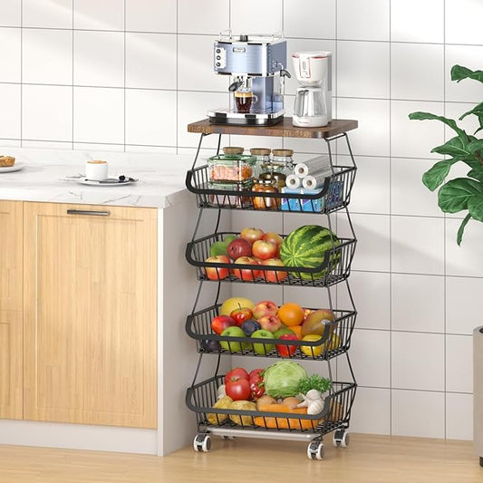 Fruit Basket with Wooden Lid for Kitchen, 5-Tier Stackable Wire Fruit Vegetable Storage Basket Organizer Stand on Wheel, Produce Basket Potato Onion Storage Bins Rack Cart for Pantry