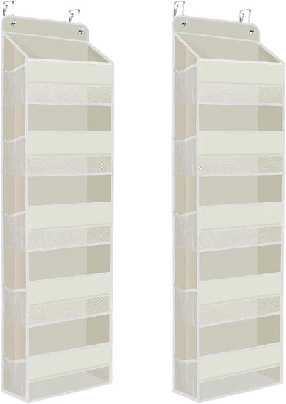 2 Pack Over The Door Organizer, Hanging Storage Organizer with Clear Window, 40lb Ultra Sturdy Large Capacity Room Organizer for Pantry Laundry Bathroom Nursery Closet (Beige)