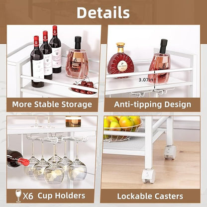 Bar Cart,Home Bar Serving Cart with Storage Shelves, 2 Tier Rolling Beverage Cart with Wheels, Modern Wine Cart with Wine Rack and Glass Holder for Kitchen, Living Room,Dinning Room,White