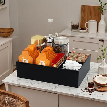 Coffee Station Organizer for Countertop, Removable Dividers Coffee Bar Accessories for Storage Sugar Packets Tea Bags, Black