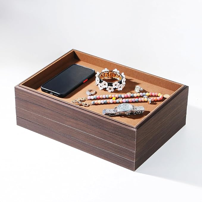 2Pcs/Set Wood Jewelry Organizer Tray, Stackable Blank Tray for Drawer, Rings Earring Storage Case, Necklace Accessories Display Holder for Store Selling or Home Show