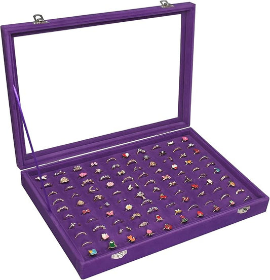 Rings Organizer Tray 100 Slot Velvet Ring Earring Storage Box TranSparent Cover Jewelry Store Ring Display Box Jewelry Display Cabinet for Girl Wife Mother
