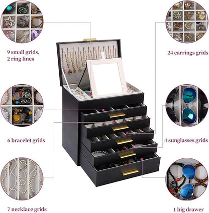 BOOVO Jewelry Box with Necklace Hanger – Jewelry Organizer for Women with 5 Drawers, Large Jewelry Storage Boxes –Jewelry Organizers and Storage for Earrings, Necklaces (Black, 6 layer)