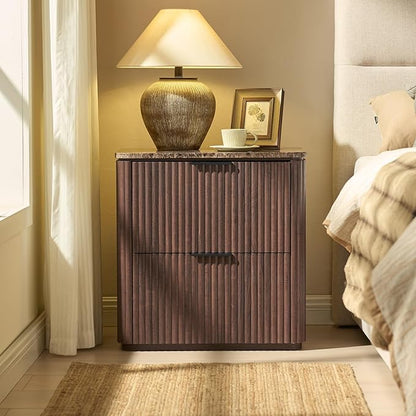 Fluted Nightstand with 2 Drawers, Bedside Table with Faux Marble-Top, Engineered Wood End Table with Curved Corners, Metal Handle, Modern Night Stand for Bedroom, Small Spaces, Dark Oak