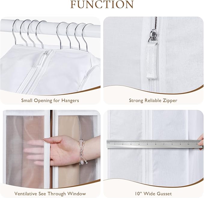 Univivi Premium Cotton Garment Bags for Hanging Clothes and Storage, 60 Inch Washable Dress Bags for Gowns Long, Full Zipper Dust Cover with Extra Large 10" Gusset & Clear Window - 2 Pack