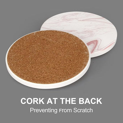 Cute Pink Marble Coasters Set of 6 Pack Stone Coffee Table Decor Absorbent Ceramic Cup Coaster with Holder Decorative Tea Bar Accessories Gift Kitchen Desk Coster Drink Modern Funny Aesthetic Coasters
