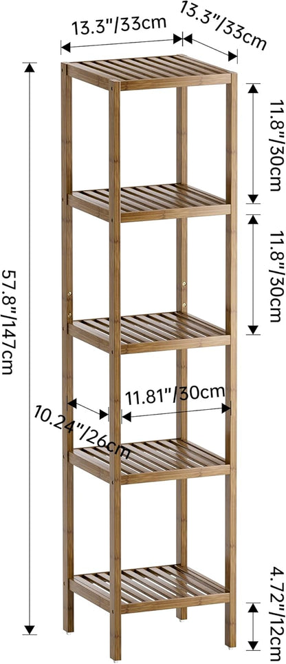 SMIBUY Bathroom Storage Shelf, 5-Tier Bamboo Rack Organizer, Multifunctional Shelving Unit for Living Room Bedroom Kitchen (Walnut)