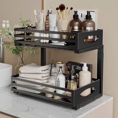 Under Sink Organizer, 2 Tier Under Sink Organizers and Storage, Adjustable Height, Slide out Metal Cabinet Organizers, Pull out Cabinet Storage Drawer Shelf for Kitchen Bathroom
