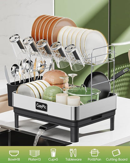 CosyPic 2 Tier Dish Drying Rack, Thicker Premium 304 Stainless Steel Dish Racks for Kitchen Counter, Automatic Drainage Spout, Dish Drainer & Drainboard Set with Utensil Holder and Cup Holder, Black