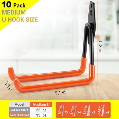 10 Pack Garage Hooks Heavy Duty Storage Organizer Wall Mount Power and Garden Tool Hangers, for Hanging Ladders, Ropes, Hose, Bulk Items