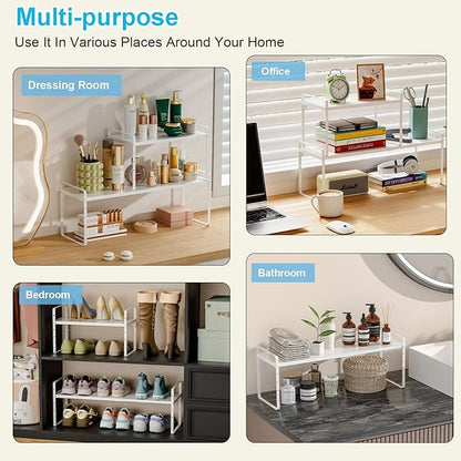 15.5 to 25.5 Inch Expandable Kitchen Cabinet Organizer Shelf, 30 LBS Heavy Duty Stackable Kitchen Counter Storage Shelves Organizers, 2 Pack Adjustable Small Storage Shelf Rack for Cabinet Cupboard