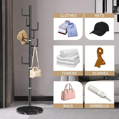 Modern Metal Coat Rack Stand with Natural Marble Base, Heavy Duty Coat Rack Freestanding with 8 Hooks, Black Cactus Standing Coat Racks for Bag, Jacket, Entryway Office (Black Cactus)