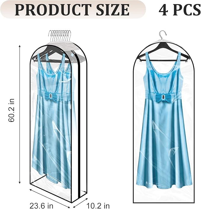 4 Pack 60" Clear Garment Bags for Hanging Clothes, with Smooth Side Zipper, Hanging Garment Bags for Closet Storage, Long, for Shirts, Coats, Dresses, Suits