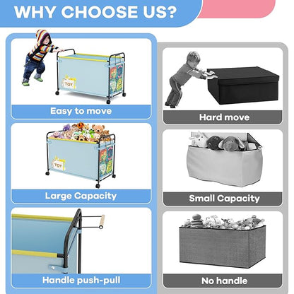 Extra Large Toy Box, 180L Toy Storage Organizer with Wheels, Metal & Oxford Cloth Toy Chest With Handle, Toy Box for Living Room Area, Nursery, Bedroom, Playroom, Toy Boxes for Boys, Girls, Kids