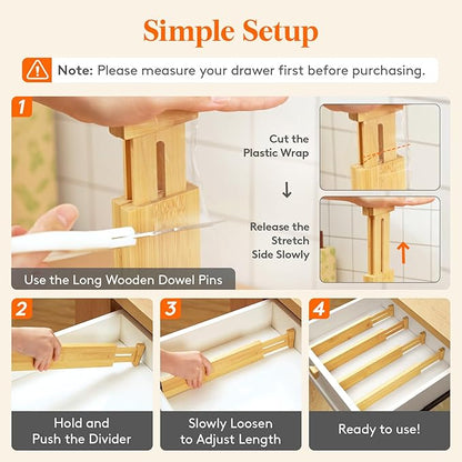 Lifewit 8 Pack Bamboo Drawer Dividers 2.4" High, 13-16.5" Kitchen Drawer Organizers, Adjustable Wooden Drawer Dividers for Clothes, Expandable Drawer Separators for Dresser, Bedroom, Bathroom, Cabinet