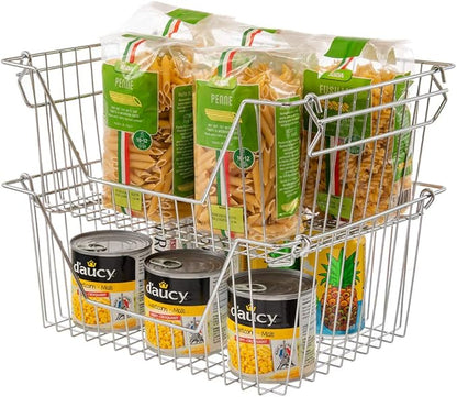 Stackable Wire Metal Baskets Fruit Vegetable Organization Pantry Cabinet Metal Bin Large Basket Shelves Storage for Kitchen Freezer, Set of 2