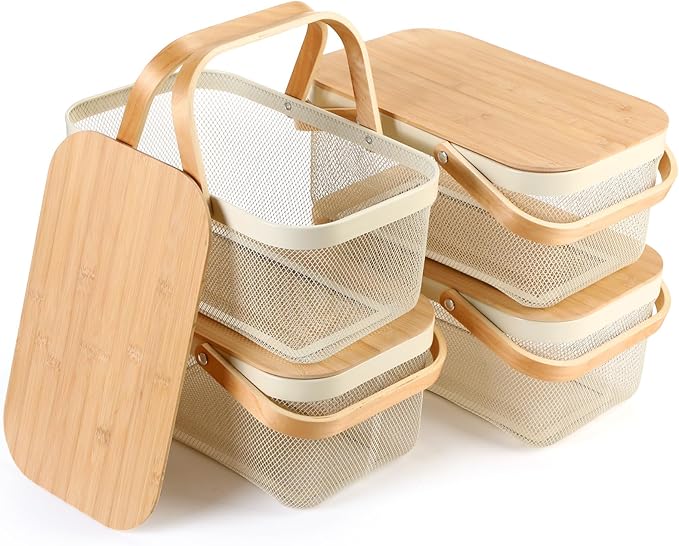 4 Pcs Mesh Steel Basket with Handles and Lids Wire Mesh Basket Garden Baskets for Gathering Vegetables Fruit Harvest Storage Organizer for Kitchen Drying Food(16 Inch,White)