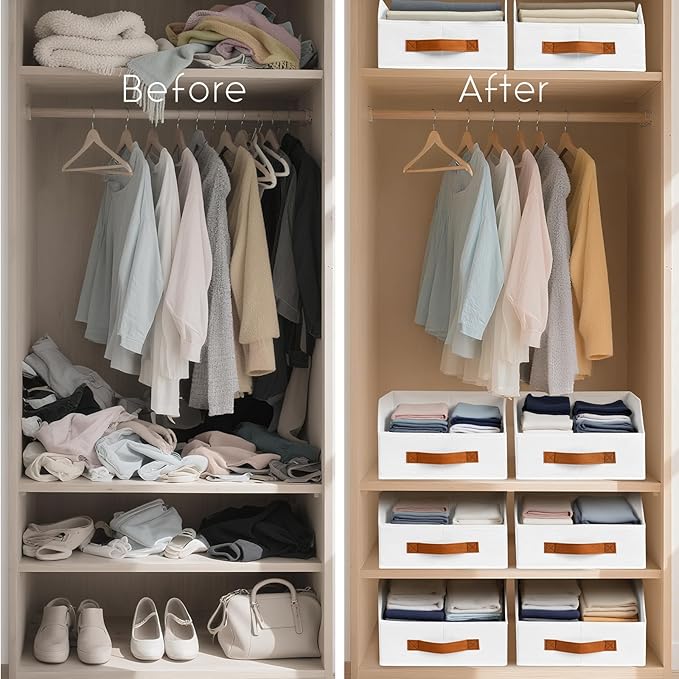 Fabric Storage Bins for Organizing - 8 Pack Large Trapezoid Collapsible Storage Bins with Front Handle, Closet Organizers and Storage for Bedroom, Home Shelves, Small Spaces, White