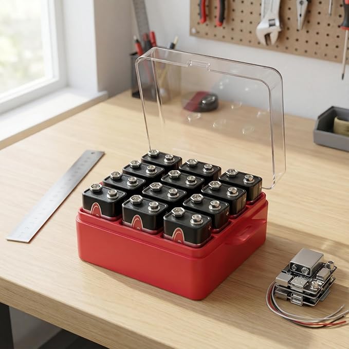 ALCYON Battery Organizer Storage Case, Battery Vault Box Container for 12pcs 9V Batteries, Plastic Clear Protective Battery Holder for Travelling/Home/Office (Red,Small)