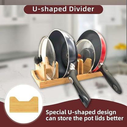 Bamboo Pot Lid Organizer for Cabinet & Kitchen Counter, Pan Lid Organizer Inside Cabinet, Pot Lid Holder, Sheet Pan Rack, Adjustable Pot Cover Holder Rack for Countertop, Under Cabinet Black