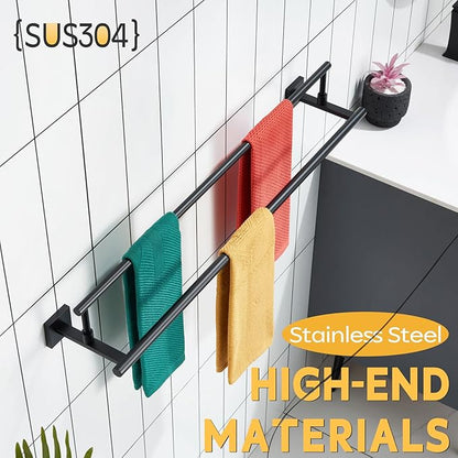 KOKOSIRI Bathroom Towel Bars 32-Inch Double Towel Rails Matte Black Towel Holder Overlength for Kitchen Garage Stainless Steel B5009BK-L32