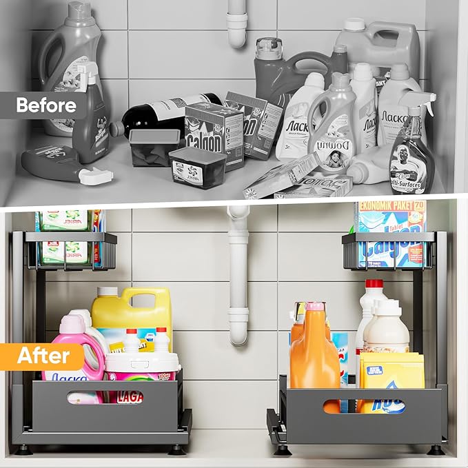Under Sink Organizer Storage 2-Tier Premium Metal Pull-Out Racks, Height Adjustable, Heavy Dut and Easy Installation for Kitchen & Bathroom Organizers 2 Pack