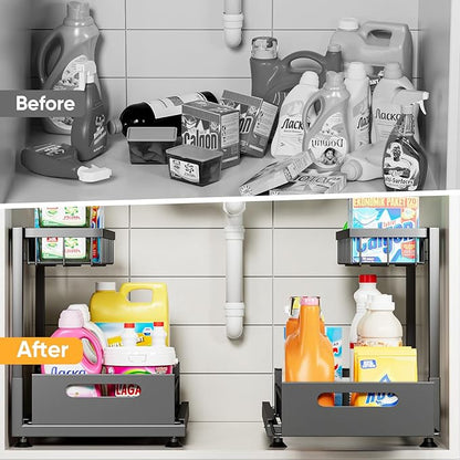 Under Sink Organizer Storage 2-Tier Premium Metal Pull-Out Racks, Height Adjustable, Heavy Dut and Easy Installation for Kitchen & Bathroom Organizers 2 Pack