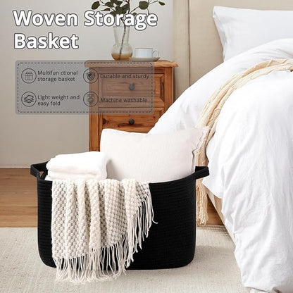 Large Blanket Basket, Black Blanket Storage Living Room, Rectangle Woven Baskets for Storage Toys, Towels, Dirty Clothes Organizer Bins (Black)