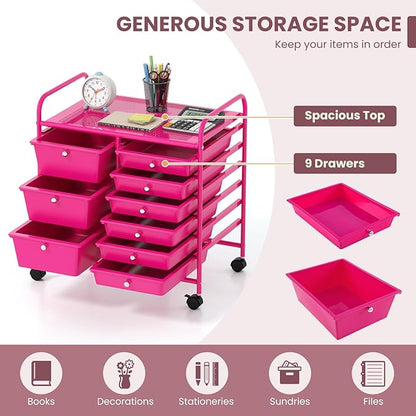 GOFLAME 9-Drawer Rolling Storage Cart, Mobile Utility Cart with Removable Drawers & Metal Frame, Art Craft Organizer Cart with Lockable Wheels, Storage Drawer Cart for Home Office School, Hot Pink