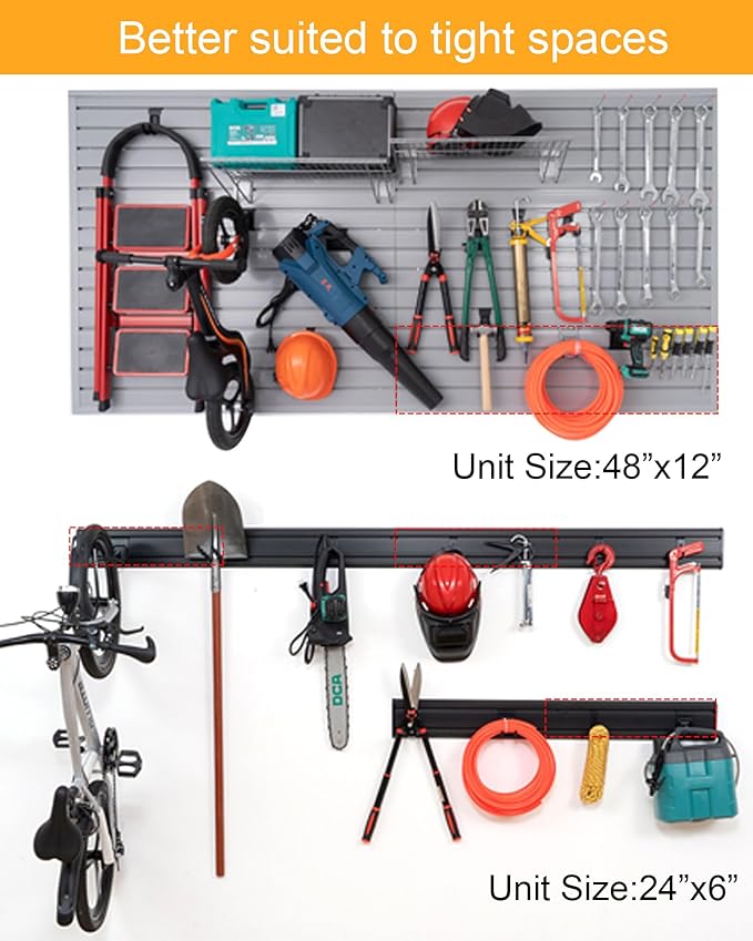 Slat Wall Paneling Garage Tool Organizer Wall Mount 4 Pack with Adjustable Metal Hooks 9 Pack, Garage Slat Wall Storage Systems Garage Storage & Organization Products, White Slatwall Total 96 inch