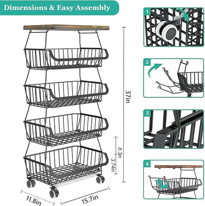 Fruit Basket with Wooden Lid for Kitchen, 5-Tier Stackable Wire Fruit Vegetable Storage Basket Organizer Stand on Wheel, Produce Basket Potato Onion Storage Bins Rack Cart for Pantry