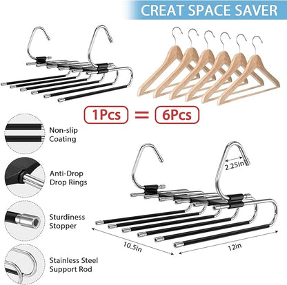 Besslly Upgrade 6 Layers Pants Hangers Space Saving, 2 Pack Stainless Steel Multifunctional Rack Non Slip S-Type Pant Closet Organizer Saver for Leggings Jeans Trousers Scarf, Black