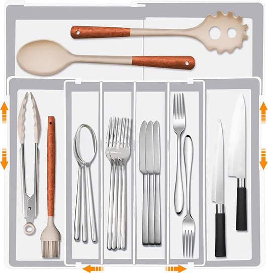 Homecor Silverware Drawer Organizer - Expandable Drawer Organizer for Kitchen, Utensil Holder BPA Free Flatware and Cutlery Tray for Spoons Forks Knives, Plastic Kitchen Organizer and Storage, White