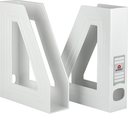 Acrimet Magazine File Holder – Vertical Rack for Documents, Folders and Mail, Durable Plastic Desk Organizer for Office & Home, White (2 Pack)