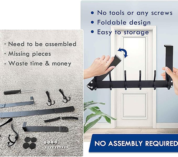 KEOAMG Over The Door Hooks, No Assembly Required Door Hanger Hook, Sturdy Over The Door Coat Rack, Over Door Hanger Door Hooks for Hanging Clothes, Towels, Hats, Matte Black