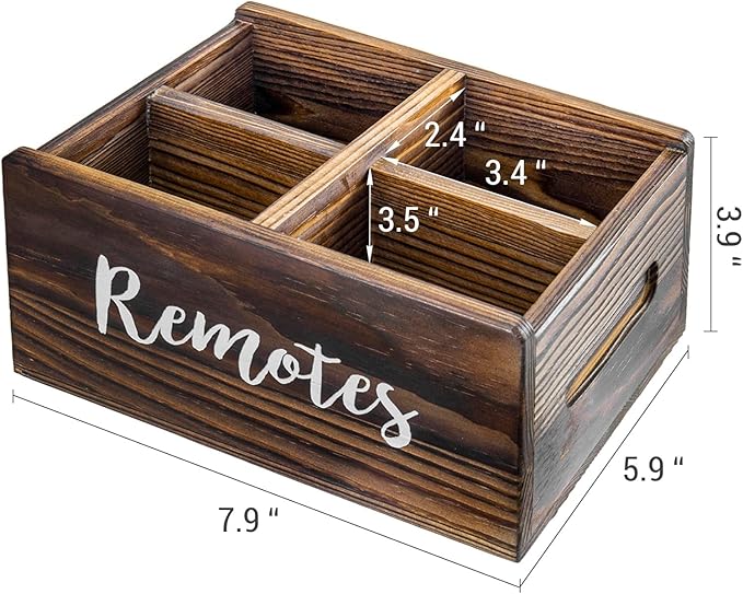 MyGift Wood Remote Control Holder Organizer with 4 Compartments, Tabletop Media TV Remote Caddy Storage with Cursive REMOTES Design (Rustic Burnt)