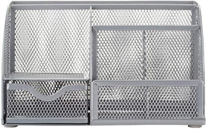 Annova Mesh Desk Organizer Office with 7 Compartments + Drawer/Desk Tidy Candy/Pen Holder/Multifunctional Organizer (Silver)