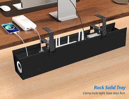 Under Desk Cable Management Tray No Drill, Suolaao 30 Inch Cord Organizer with Oxford Fabric, Clamp Mount, Holds 30 lbs, Large Cable Rack for Gaming & Home Office Standing Desk