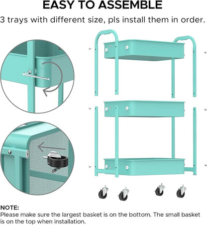 MAX Houser 3-Tier Rolling Utility Cart with Caster Wheels,Easy Assembly, for Kitchen, Bathroom (Turquoise)