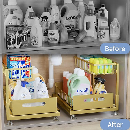 Under Sink Organizer Storage 2-Tier Premium Metal Pull-Out Racks, Height Adjustable, Heavy Dut and Easy Installation for Kitchen & Bathroom Organizers 1 Pack Gold